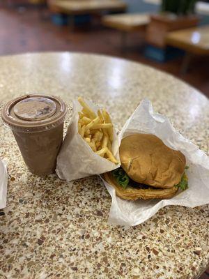 Cheeseburger with fries and custard