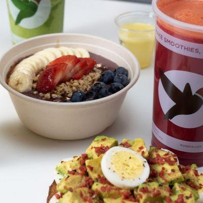 Acai Strawnana Berry Bowl, Avocado & Egg Toast & ABC Juice