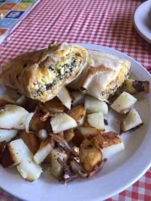 Sausage egg and cheese wrap with home fries