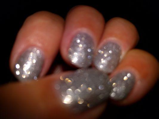 Beautiful silver glitter GEL polish at Om Nail Spa!!!!