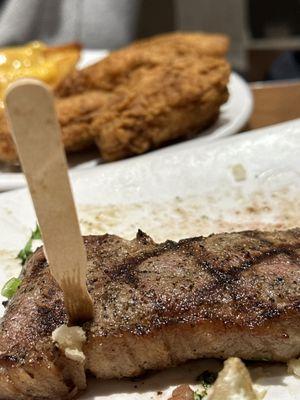 Steak & Malibu combo! Chicken wings & melted cheese on potato wedges in the background !!