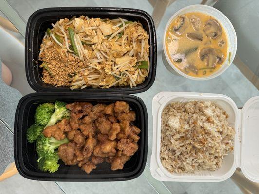 Orange chicken, pad thai, Tom Kha, and garlic rice