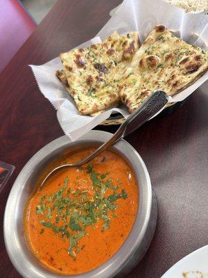 Lamb Tikka Masala and Garlic Naan with basmati rice