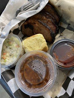 Brisket, coleslaw, baked beans.