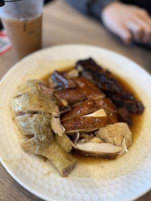 steam chicken, soy chicken, and charsiu