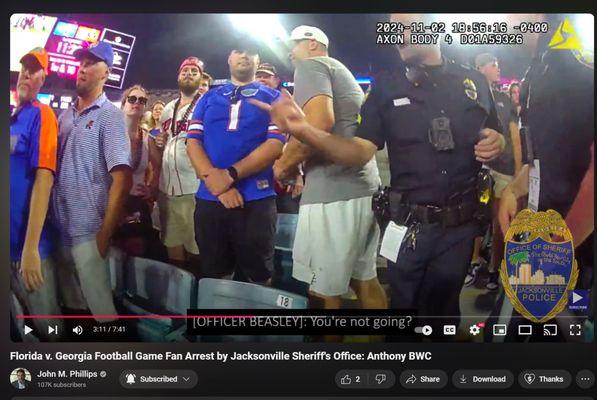 This is the violent oath breaking JSO officer coming downstairs to attack a football fan violently with no warning and escalate!