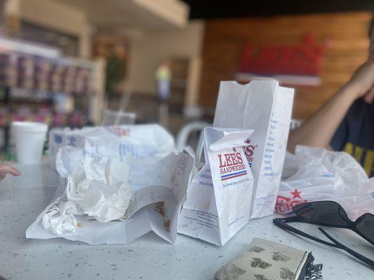 Food bags on our table, after eating