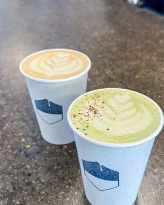 Spiced maple matcha with oat milk and caramel latte with oat milk