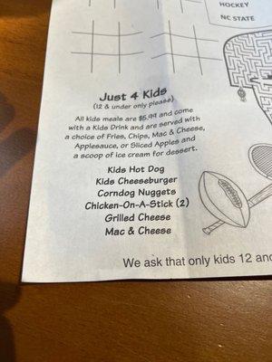 Kids menu