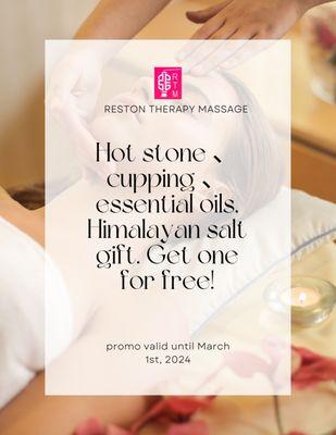 Hot stone 、 cupping 、essential oils, Himalayan salt gift. Get one for free!