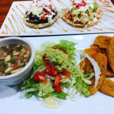 Ceviche, salad,Tostones/gorditas,sopes