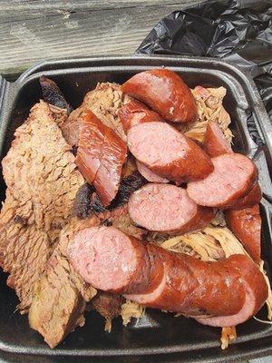 Brisket, smoked sausage, pulled pork. We chose to get the BBQ sauce on the side and dip.