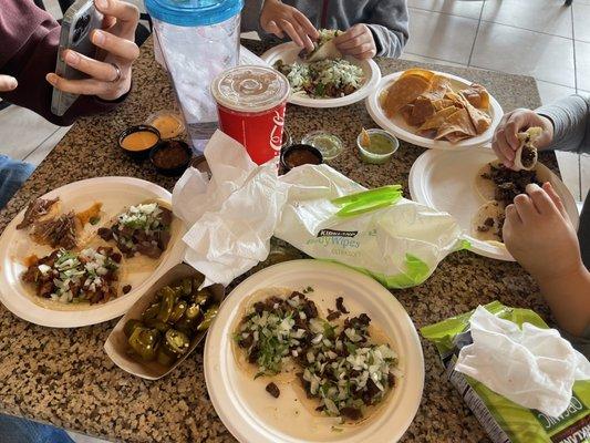 Chicken, beef, tongue taco plates with medium horchata