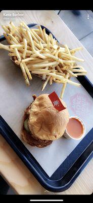 Chicken sandwich with fries $10, seriously amazingly breaded chicken.