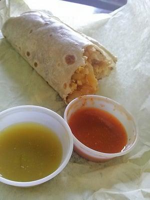 Mmmm...yummy breakfast burrito...love the sauces