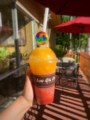 Mango & Strawberry Raspado  made with Shaved Ice, Homemade Strawberry and Mango Puree