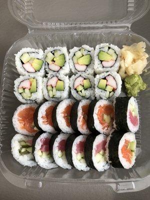 California roll, salmon roll, and tuna roll