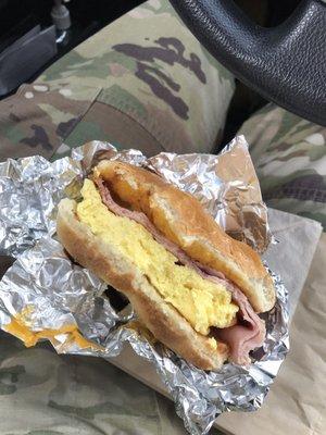 HEC (ham egg and cheese) on a bagel