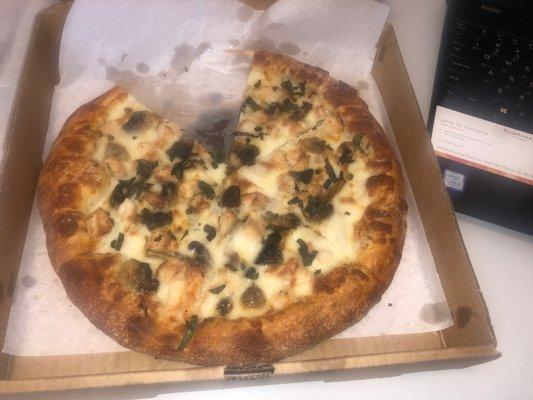 White pizza +chicken +mushrooms +basil! Soooooo good!