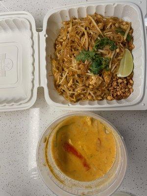 Pad thai (top); red curry (bottom)