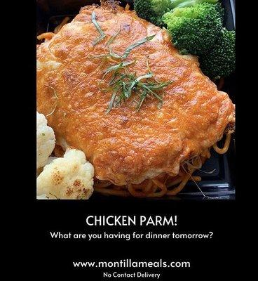 Chicken Parm with spaghetti, roasted broccoli and cauliflower. Our most popular menu item.