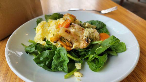 Wrapless Wrap - Scrambled egg with roasted vegetables over a fresh bed of spinach.