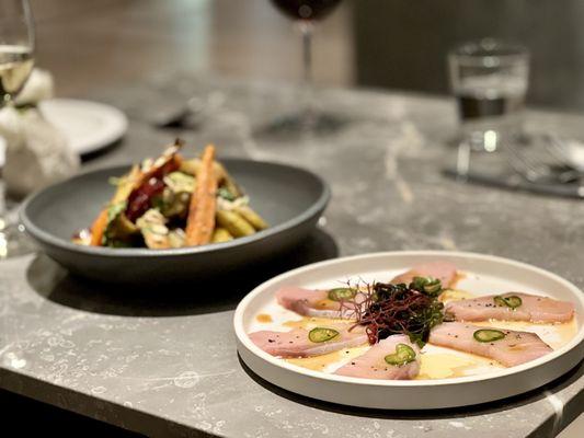 Fresh hamachi crudo and roasted carrot salad