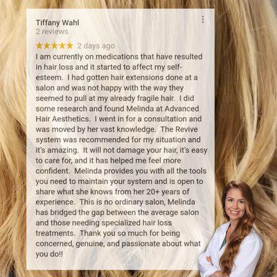 We love getting client reviews! Hair loss is such a private experience and when clients choose to share it helps so many!