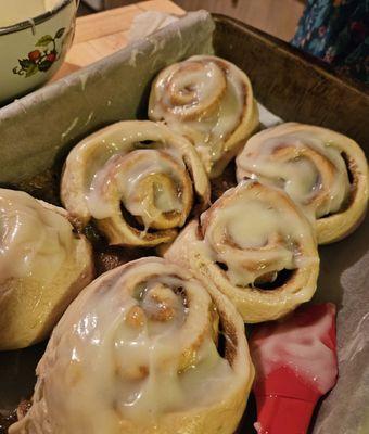 Baking cinnamon rolls in my sister's kitchen