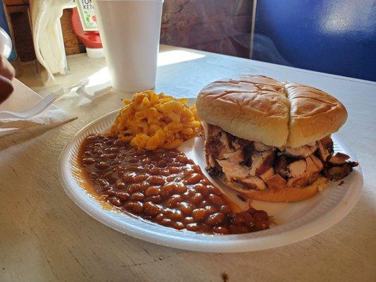 Chopped chicken sandwich, beans, mac and cheese