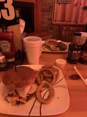 Half - Pound Hamburger/Cheeseburger and onion rings.