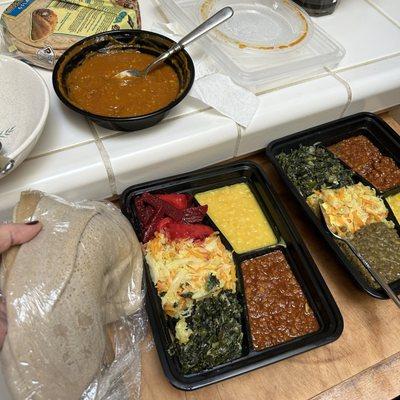 Injera bread, shiro wot, yellow split peas, cabbage/carrots, greens, beet with potatoes, brown lentils (super spicy,)  and another lentil.