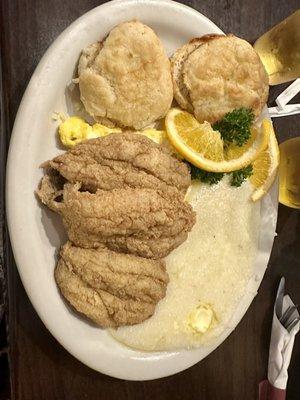 Fried whiting, grits, eggs, biscuits