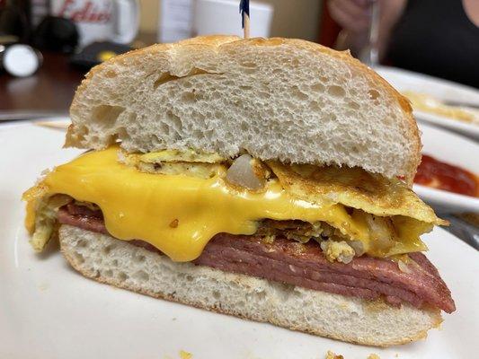 Porkroll egg and cheese with potatoes