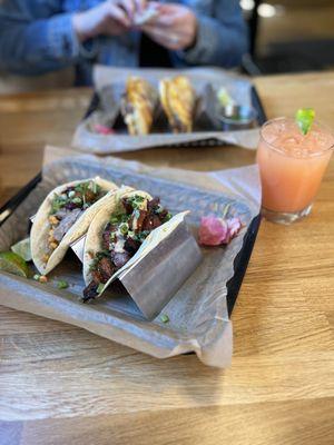 Duck carnitas, Pork belly char siu, Paloma margarita.