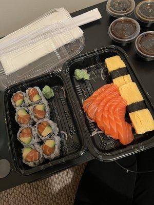 Salmon Avocado Roll Sashimi Regular Egg Custard Side of Eel Sauce