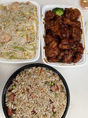 Bbq pork fried rice, Shrimp Mei Fun and General tso's.