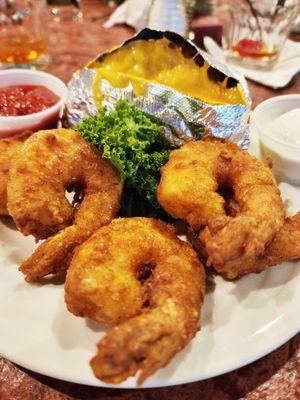 Fried shrimp with loaded baked potato (minus bacon)