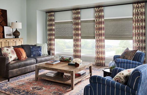 Reverse Pleat Drapery and Old Style Natural Roman Shades with Cordless Lift