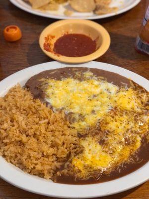 Cheese enchilada, rice and beans