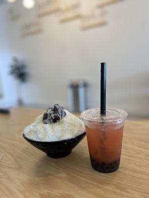 Red bean shaved ice & strawberry yogurt green tea