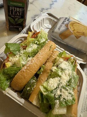 Chicken Romano Sub and chips