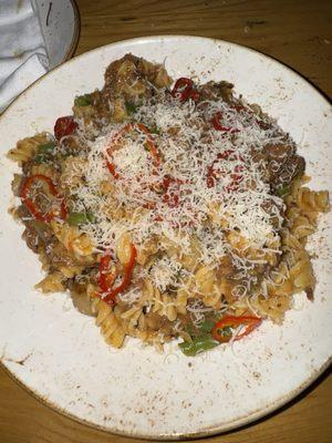 Fusilli  Beef Short Rib Ragu, Haricots Verts, Pearl Onion, Pickled Fresnos, Breadcrumbs