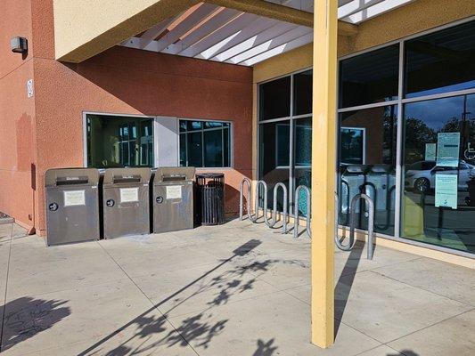 Book return and bicycle locking area.