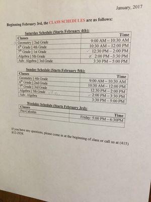 Classes and schedule