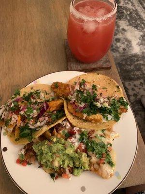 Braised beef nachos, fish tacos, blood orange margarita