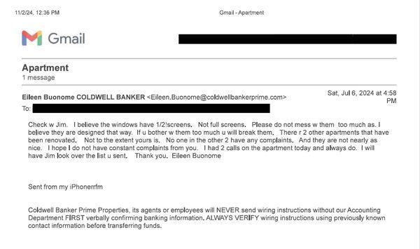 Threatening email from the realtor after I informed her that all the windows were missing screens and that there was no power to the stove.