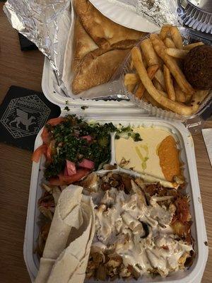 Spinach Pie, shawarma plate, French Fries, Falafel