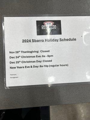 Holiday hours