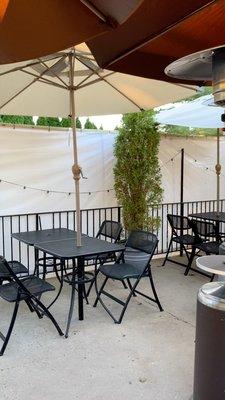 Outdoor seating available with heaters in both side and rear of building!